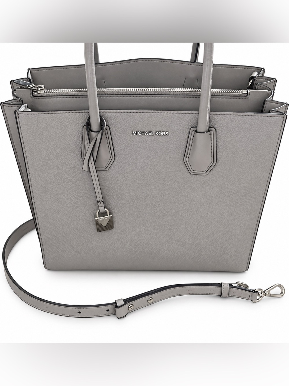 Michael Kors Mercer Pearl Gray Pebbled Leather Large Tote with Removable Strap